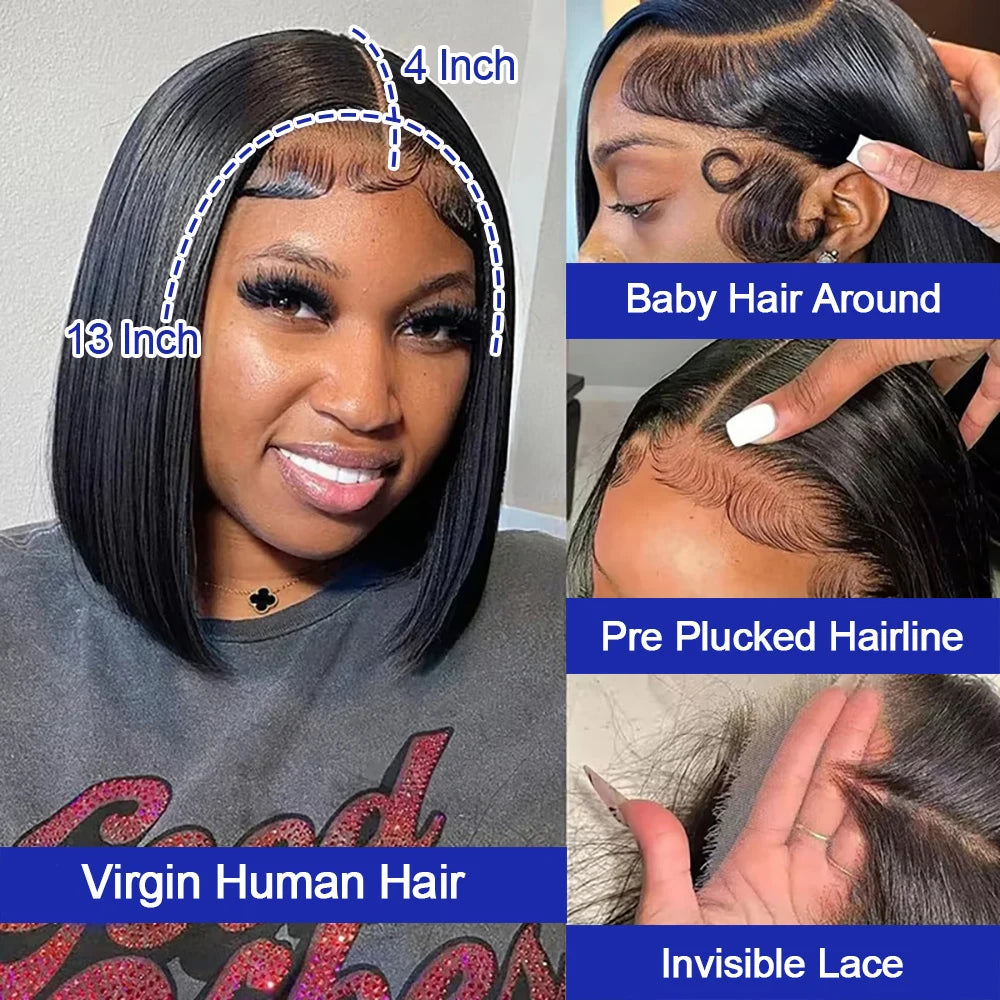 13x6 HD Lace Frontal Short Bob Wig Bone Straight Lace Front Wig Double Drawn Human Hair Wigs Preplucked Real 250 Density Natural Hairline Human Hair Wig 3 Days Delivery