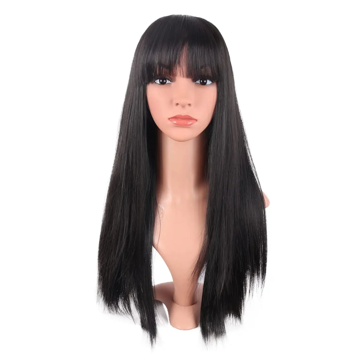 Women Long Straight with Flat Bangs Synthetic Hair Heat Resistant Fiber Hair for Party Cosplay Wig Black Wigs Women