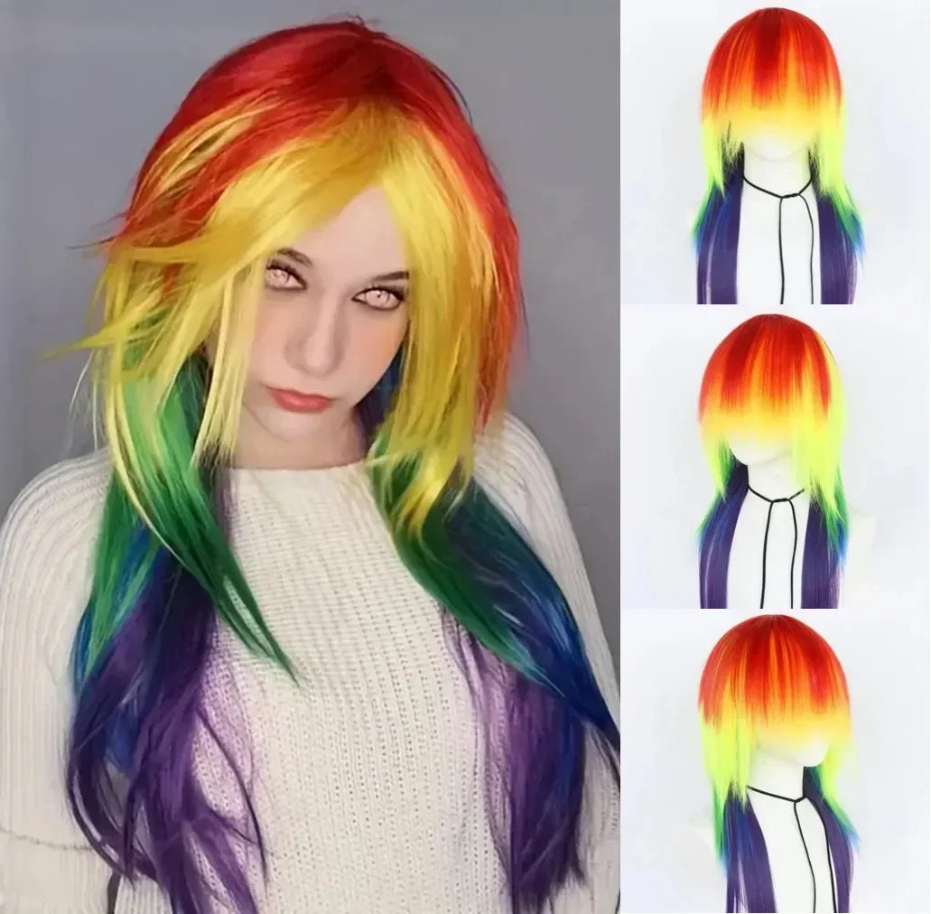 Cosplay Wigs Long Straight Layered Rainbow Hair Wigs Synthetic Fiber Hair Replacement Wigs For Halloween Costume Party Wig