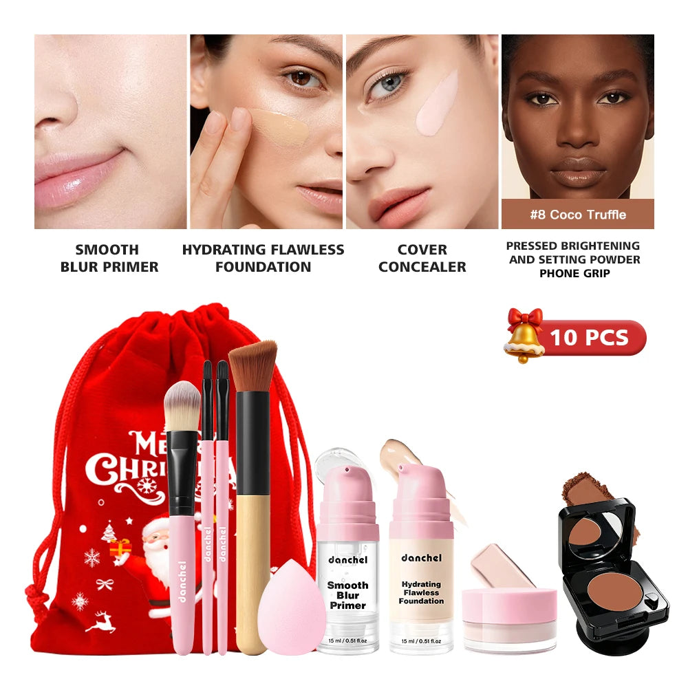 10Pcs Makeup Set Primer Foundation Concealer Setting Powder Makeup Brushes Beauty Sponge Full Face Cosmetic Kit Christmas Gift