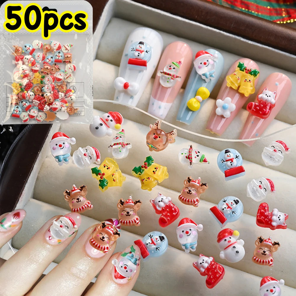 50pcs 3D Kawaii Snowman Elk Santa Claus Nail Art Rhinestones 10mm Resin Christmas Nail Charm Jewelry Flatback Xmas Holiday Nails