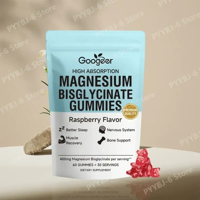 Magnesium Bisglycinate Gummies Raspberry Flavor, 400mg Magnesium, Vitamin D3 Zinc, High Absorption, 60 Count Daily Supplement