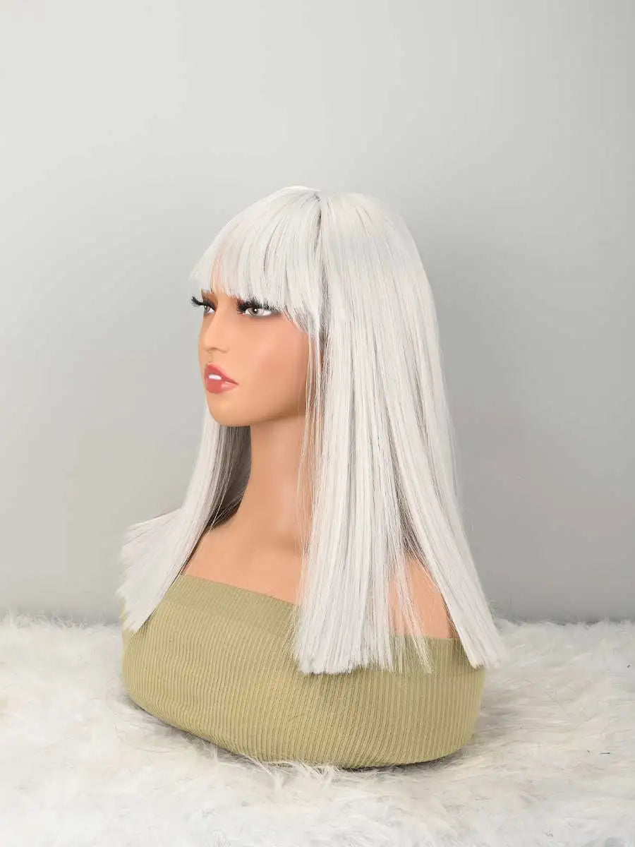 white Bob Wig with Bangs, Short white Wig for Women Straight Bob Wigs Heat Resistant Synthetic wig Mia Wallace Cleopatra Cospaly Daily Party Use