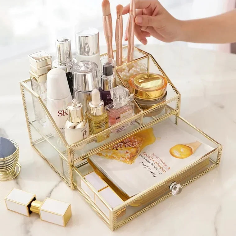 Golden Glass Cosmetic Storage Box Makeup Organizer Perfume Bathroom Make Up Tools Box for Cotton Pads Jewelry Display Rack