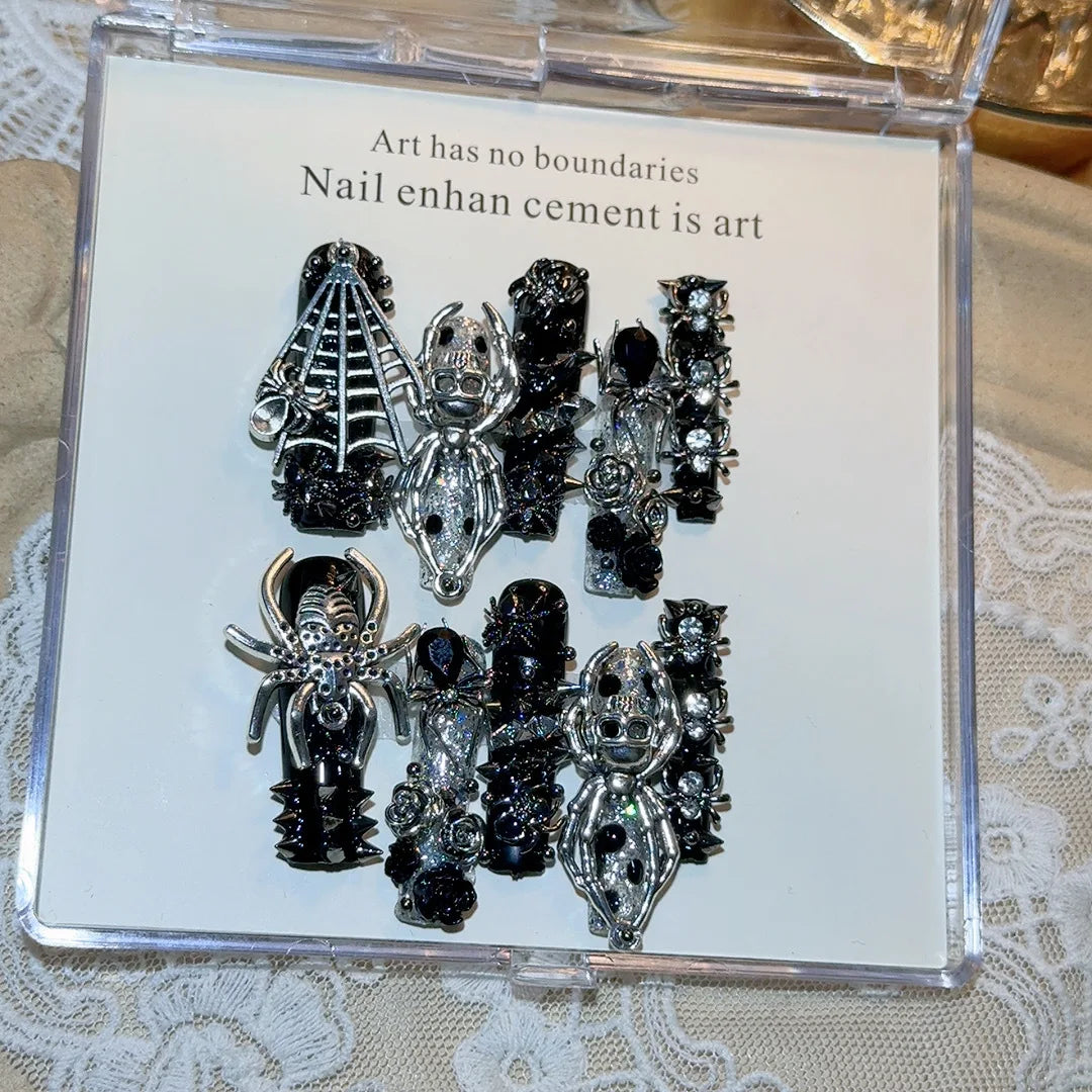 10pcs Handmade Coffin Press on Nails Halloween Gothic Rivet Skull Spider Decor Fake Nail Patches Shibuya Spicy Girl False Nails