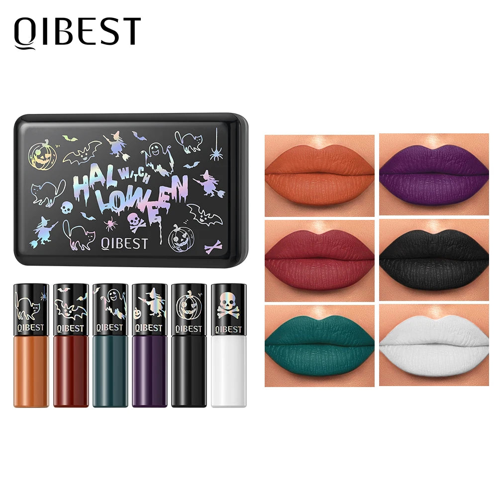 QIBEST Halloween Liquid Lipstick Makeup Sets Waterproof Matte Lipstick Red Black Orange Purple Lip Stain Tint Lasting Cosmetics
