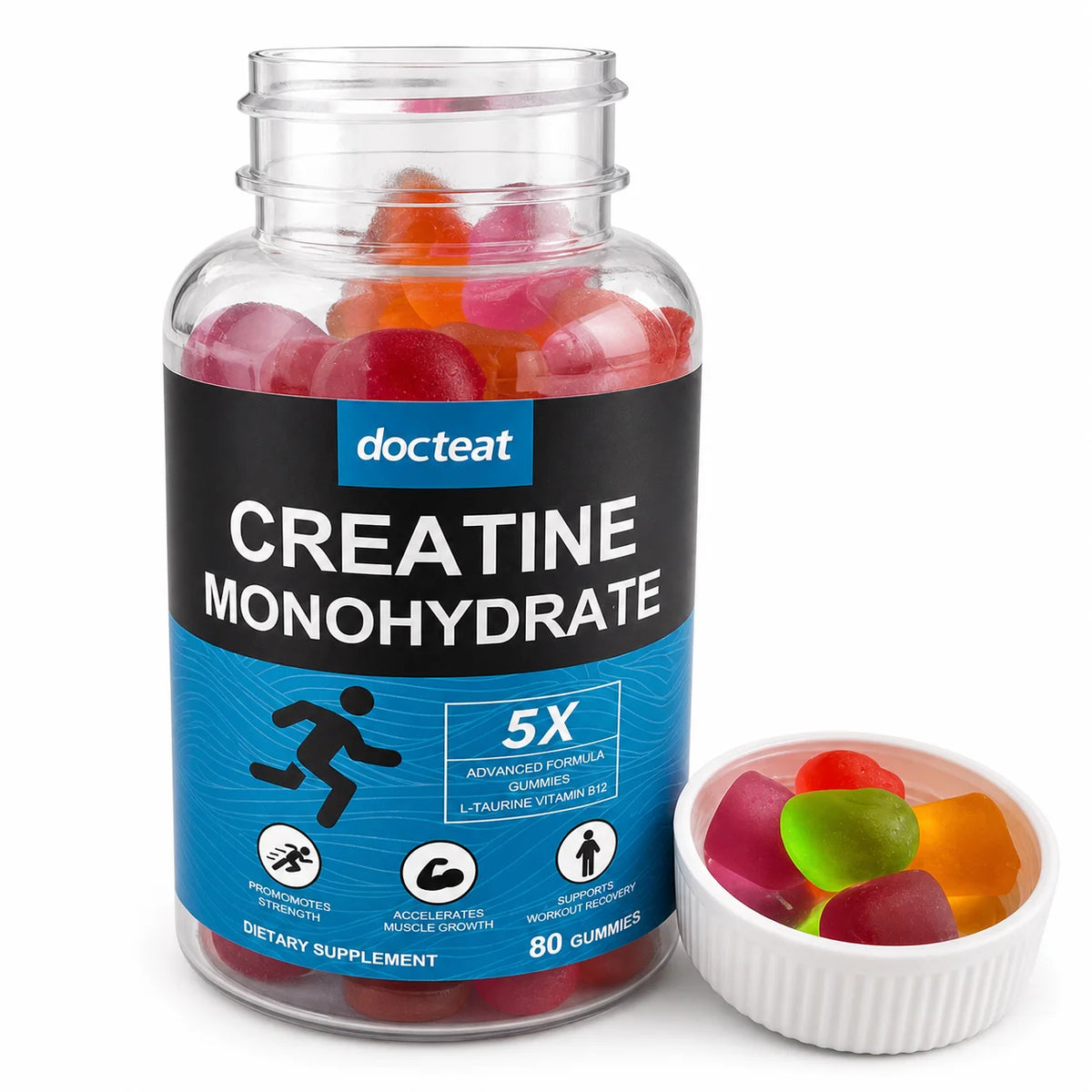 Docteat Creatine Monohydrate Gummies for Energy Support and Workout Recovery, Non-Sticky Sweet-Sour Chew, Easy Carry, 80 Gummies