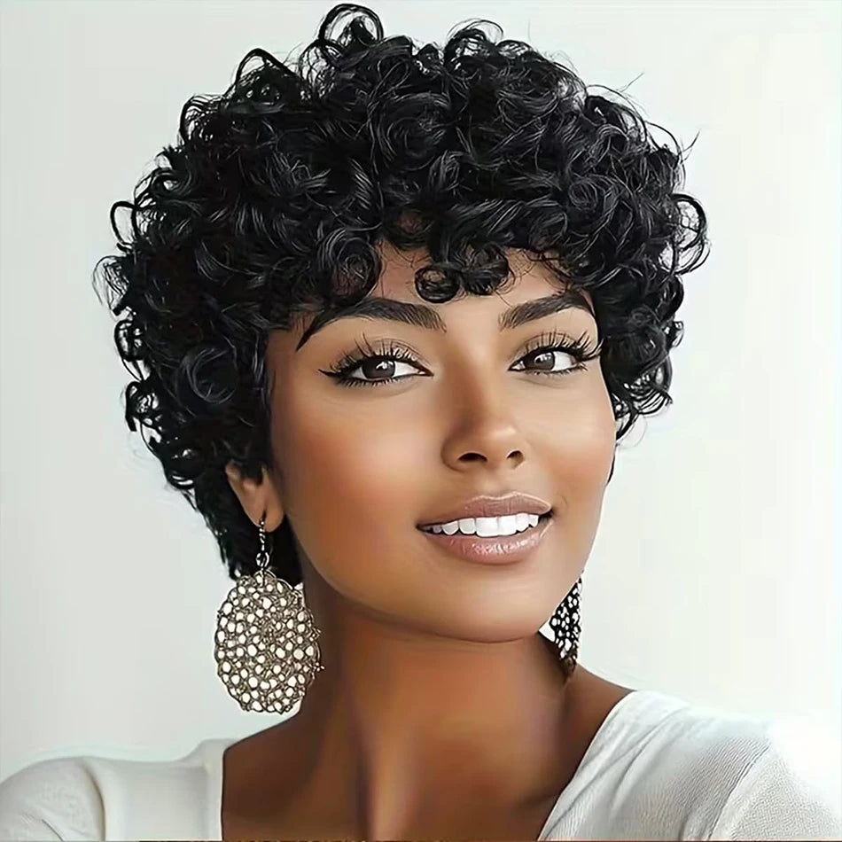 100% Brazilian Virgin Human Hair Short Curly Wigs for Black Women Non Lace Glueless Natural Black Deep Curly Wigs With Bangs