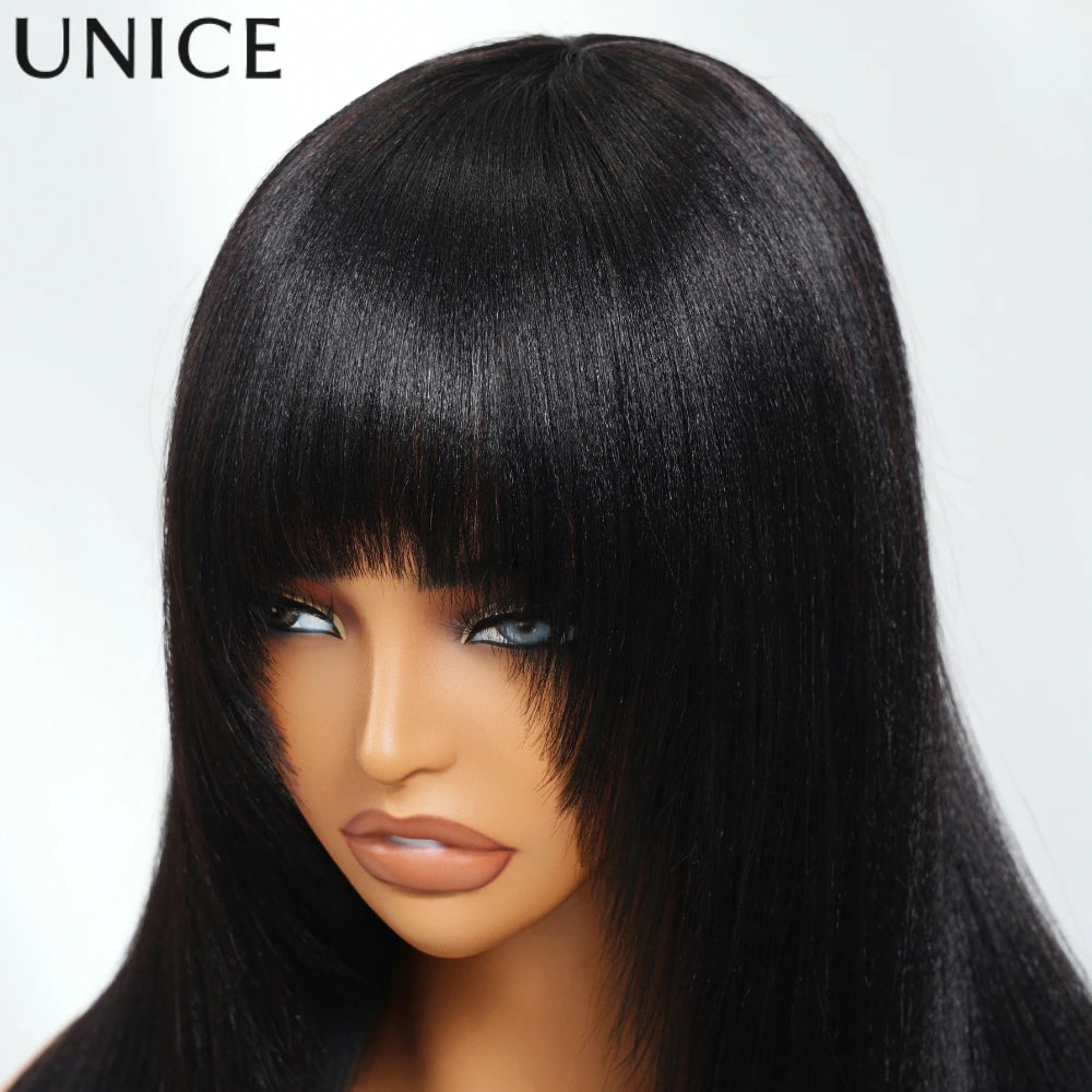 Unice Hair Layered Cut Yaki Straight Wig With Bangs 100% Human Hair Full Machine Made Wig 150% Density
