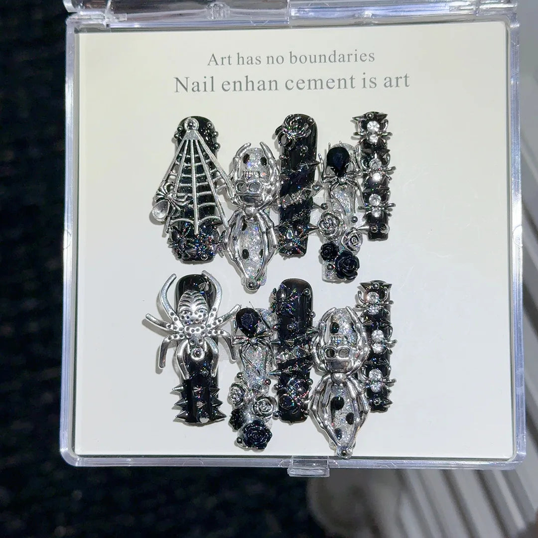 10pcs Handmade Coffin Press on Nails Halloween Gothic Rivet Skull Spider Decor Fake Nail Patches Shibuya Spicy Girl False Nails
