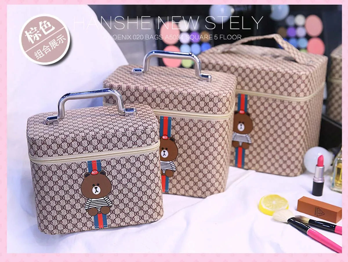 Large capacity new makeup bag Travel portable makeup case Portable high-end PU leather cosmetics storage bag cute bear pattern