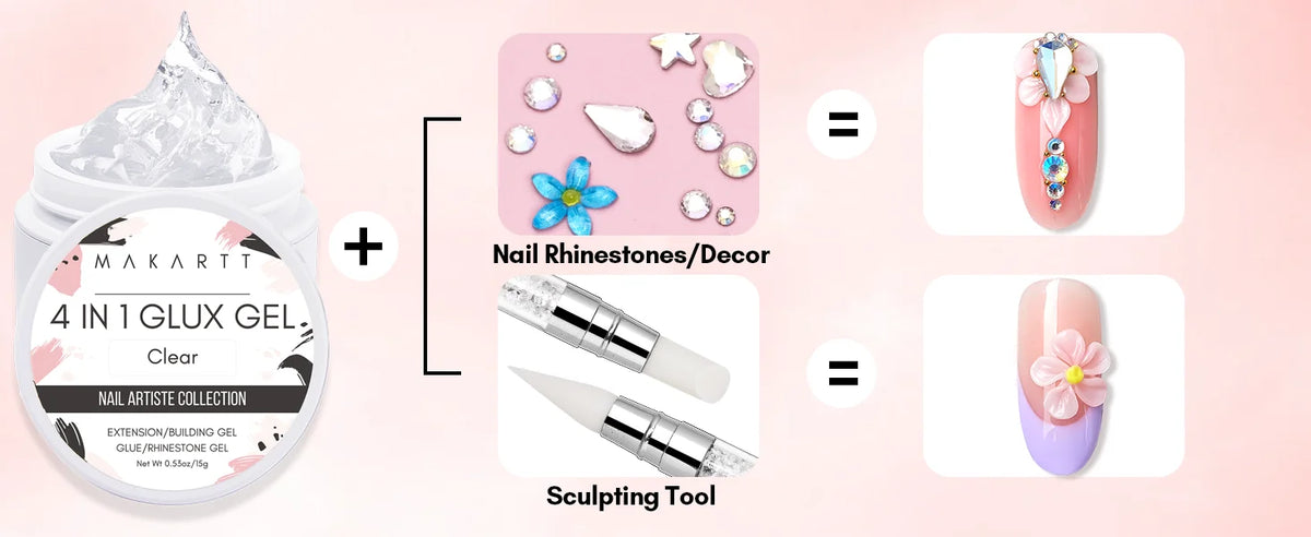 Makartt Solid Gel Builder: 4-in-1 Clear White Non-sticky for Extension 3D Sculpting Nail, UV Glue for Acrylic Tips, Rhinestones