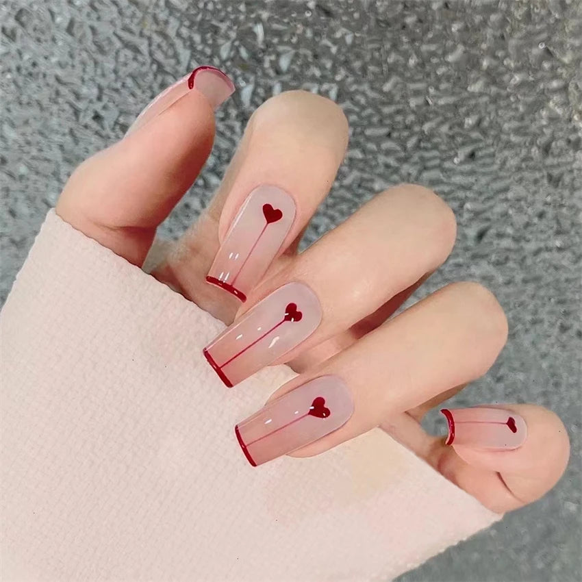 24 Pcs/Set Valentine's Day Long Almond Fake Nails Shape Novelty Pearl Bow Love Press on Nails Art Full Cover Stick-on Nails Tips