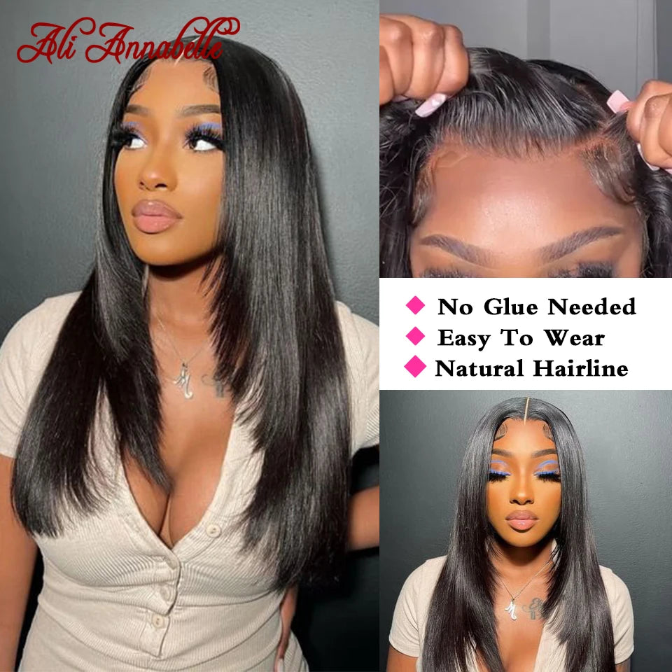 Wear Go Wigs 6x5 Pre Cut Lace Straight Hair Layered Cut Glueless Wigs Human Hair Wigs For Women Ready To Wear Pre Bleached Knots