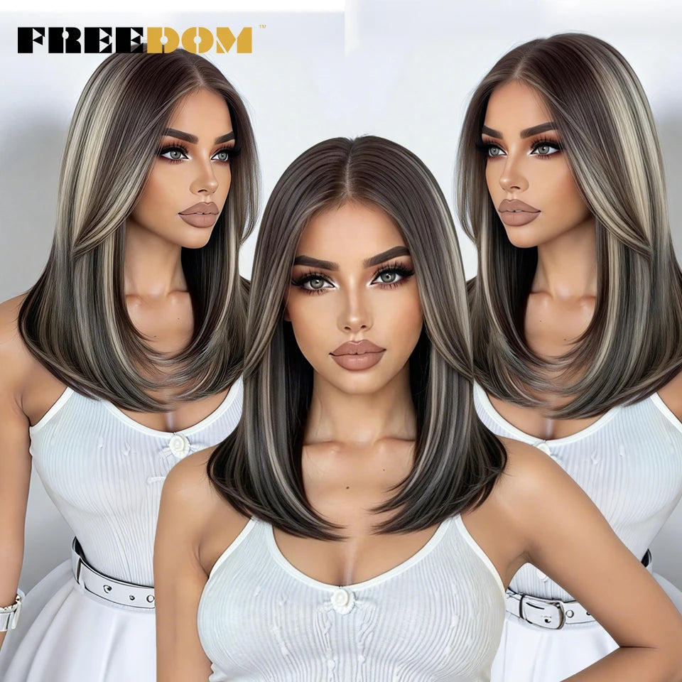 FREEDOM Synthetic Lace Front Wigs For Women Straight Bob Layered Wigs 13X3 Pre Plucked 16" Ombre Blonde Highlight Daily Use Wig