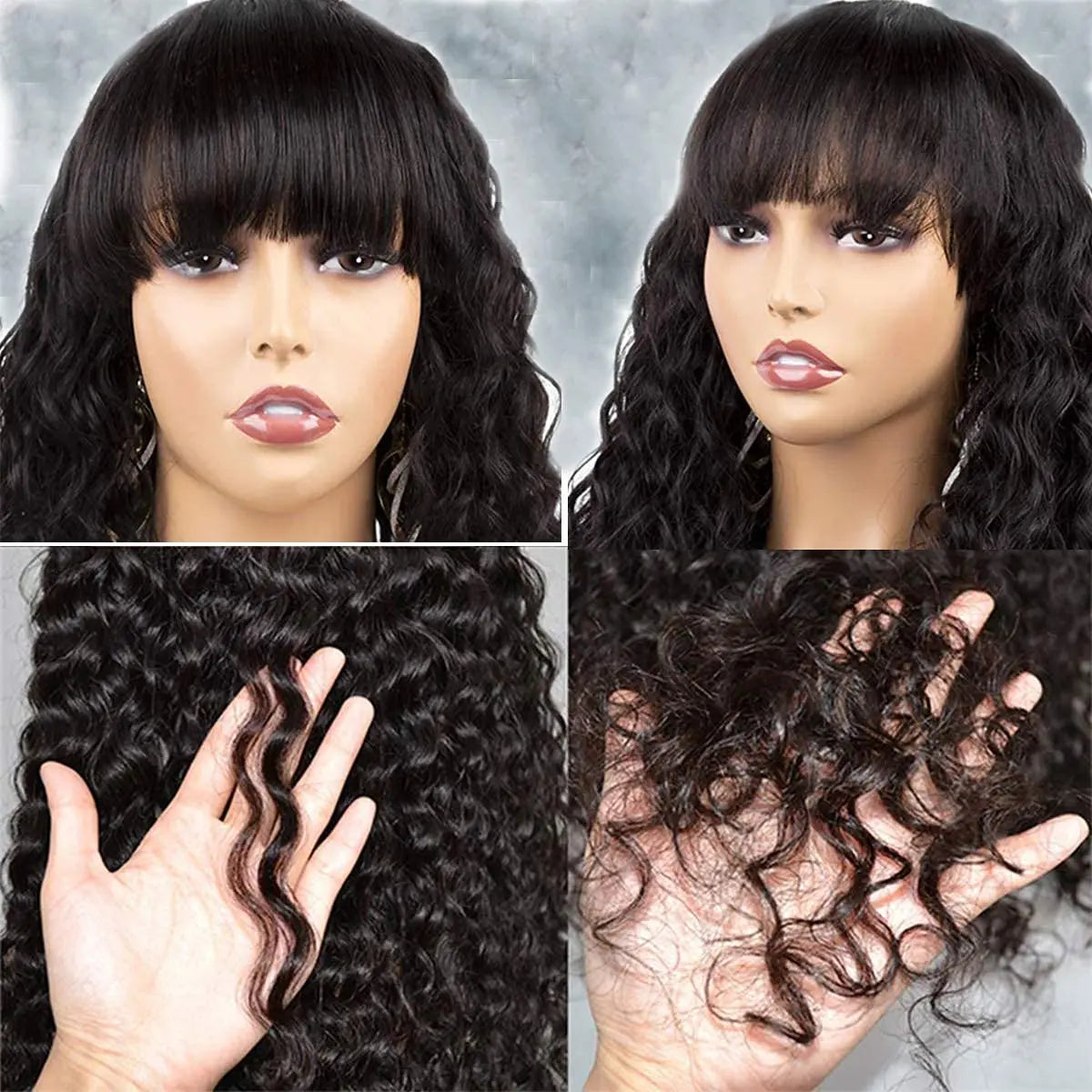 Water Wave Human Hair Wigs With Bangs For Women Full Machine Made Wigs Cheap Brazilian Remy Hair Wigs