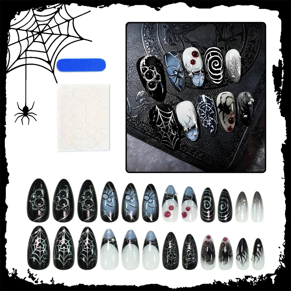 24pcs 3D Silver Spider Web Press On Nails Halloween French Style Stacking Diamond False Nails Dark Almond DIY Party Fake Nail