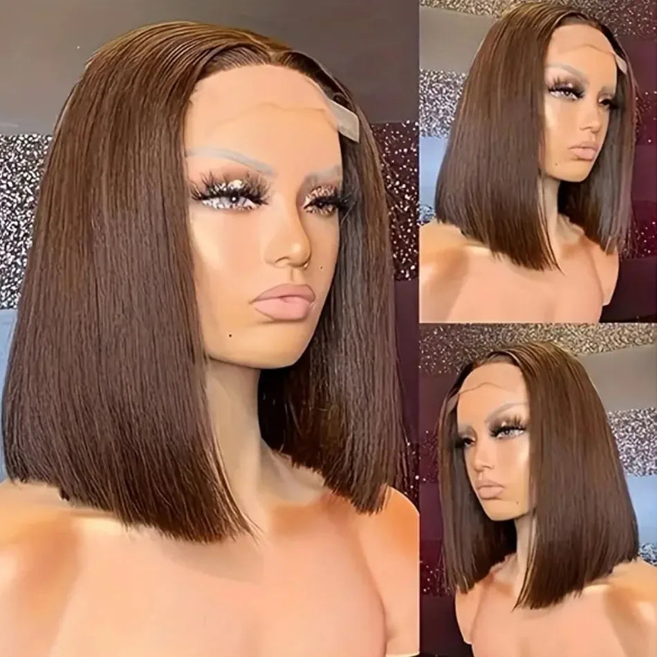8-16 Brazilian Short Bob Wigs #4 Brown Straight 13x4 HD Transparent Lace Frontal Wigs Pre Bleached Glueless Short Bob Wigs Hair