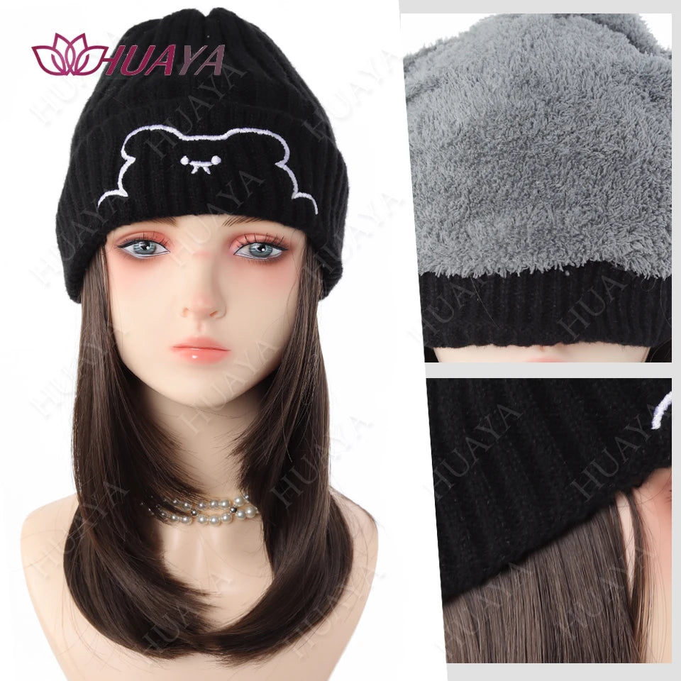 Synthetic Hat Wig Medium Length Straight Hair knitted Hat Wig Hair Extensions Accessories Autumn Winter Cap Warm Velvet Lining