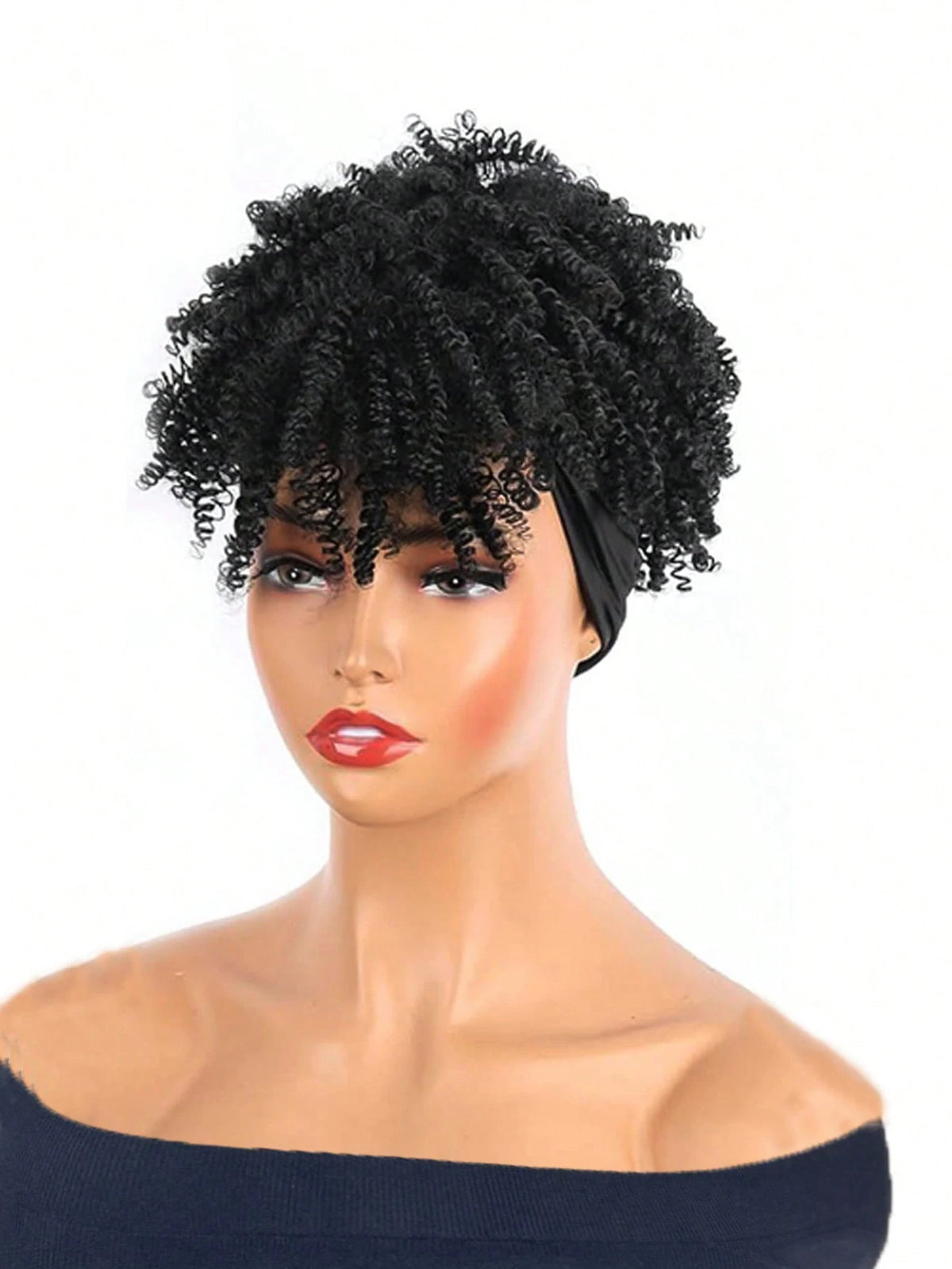 Headband Wigs for Synthetic Short Afro Kinky Curly Wigs Dark Brown Wig with Bangs Wrap Wigs 2 in 1 synthetic Wig Drawstring