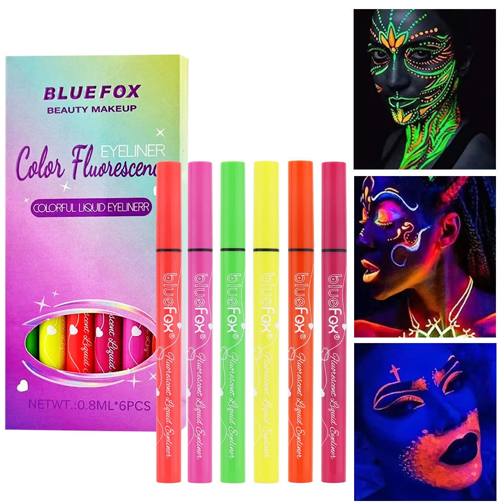 6Pcs Neon Fluorescent UV Glow Eyeliner, Waterproof Long Lasting Colorful Liquid Eye Liner, Rave Party Halloween Makeup Tools