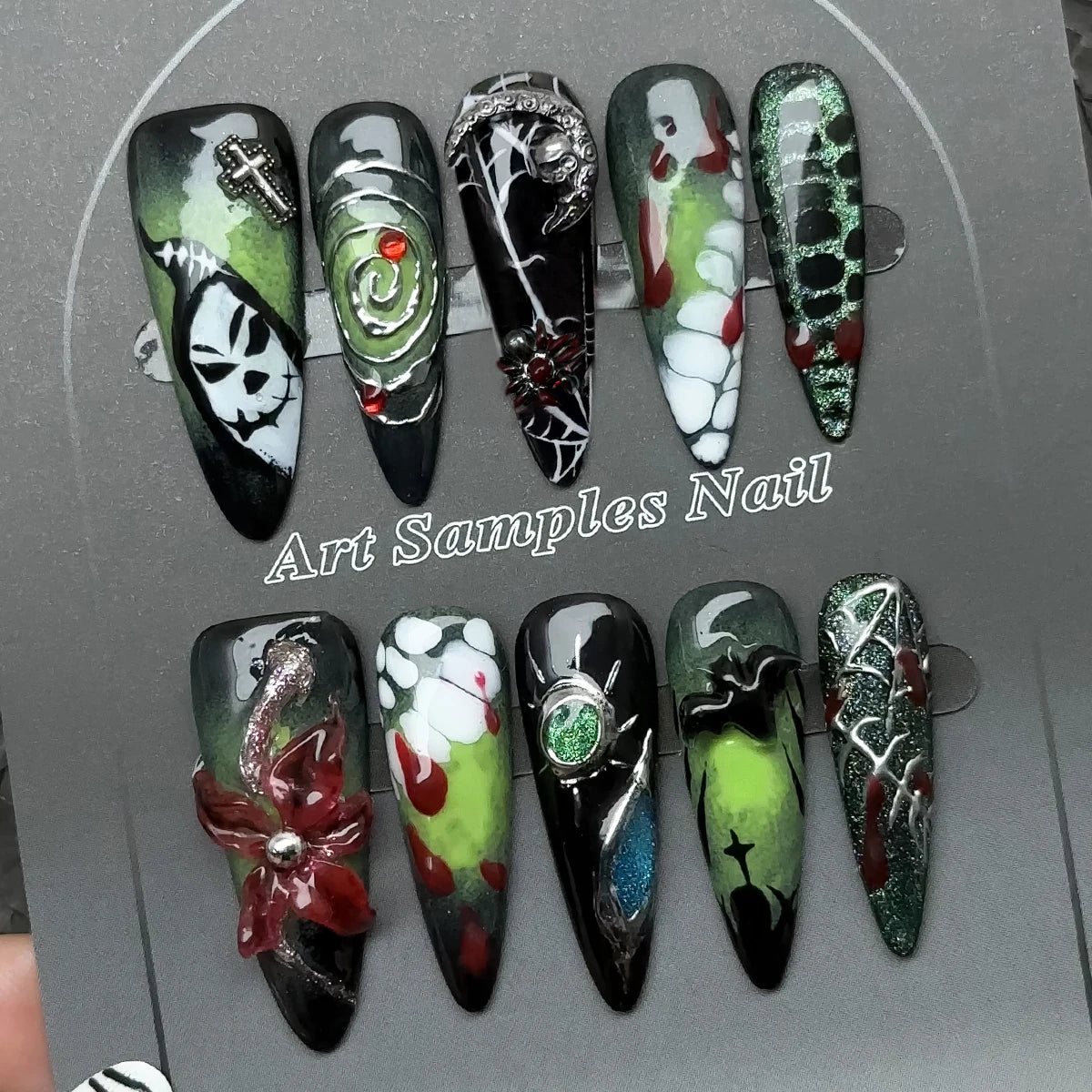 10pcs/Set Handmade acrylic press on nails Long high-heeled finger nails，halloween nails , Bloody Forest Hand-Painted Ghost Fake