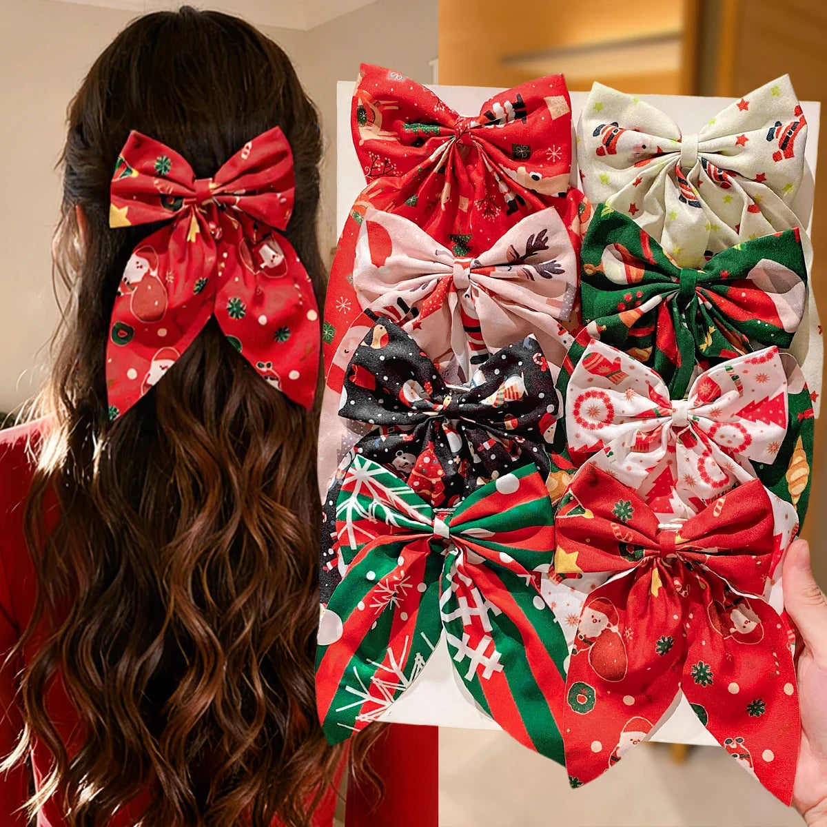 4/8Pcs Christmas Bow Hair Clips, Santa Elk Printed Ribbon Barrettes, Festive Side Clips for Half-up Hairstyle, Christmas Party &