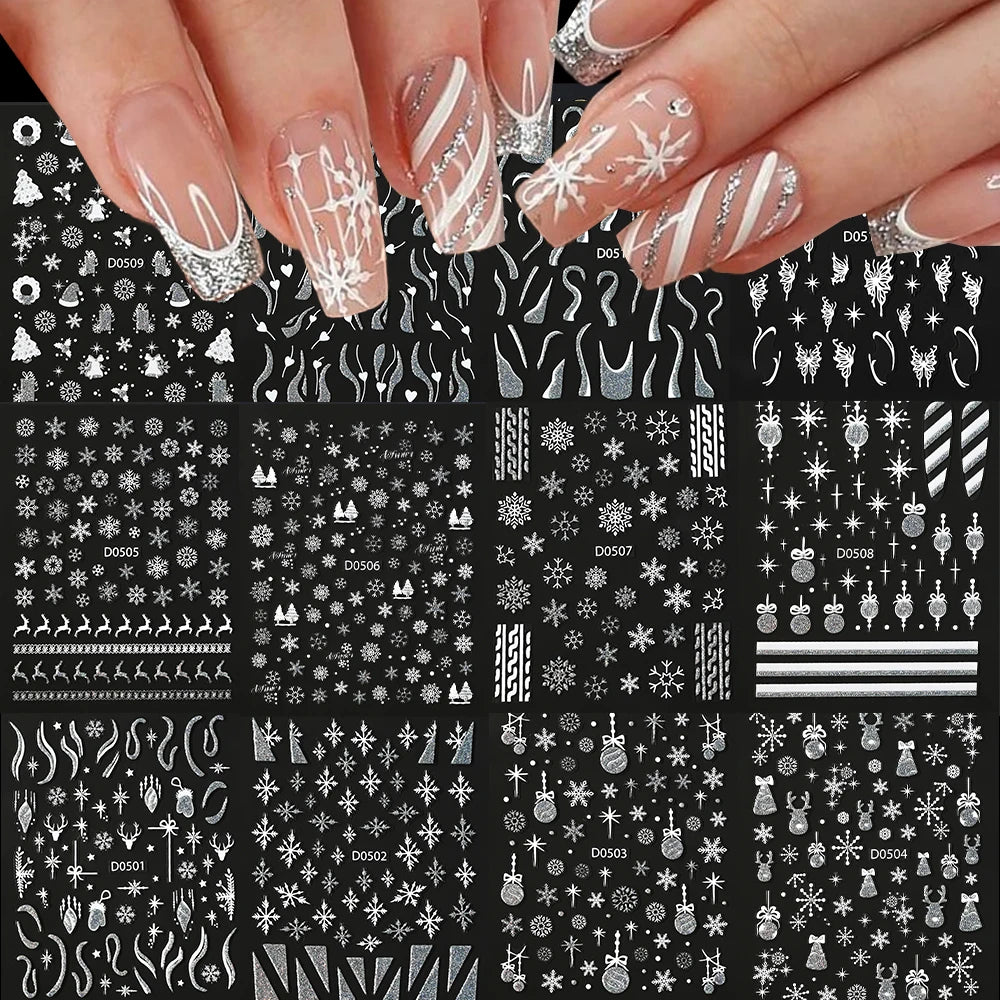12Pcs Red Glitter Christmas Nail Sticker Gold Silver 3D Santa Claus/Snowflake/Elk/Snowman Winter Nail Decals Xmas Festival Decor