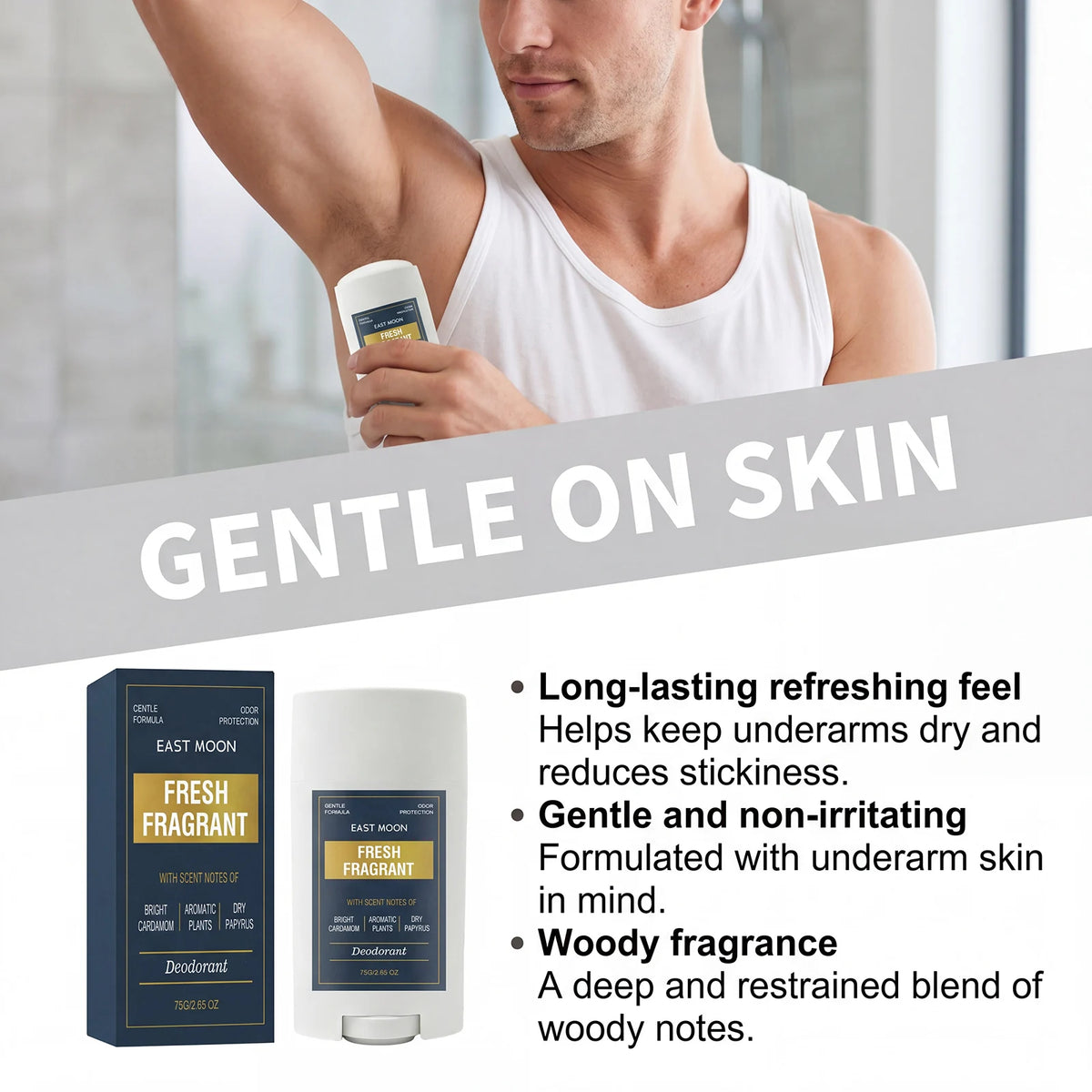 Fresh Fragrant Deodorant Stick for Men, Gentle Formula Odor Protection, Cardamom Papyrus Natural Scent Body Deodorant