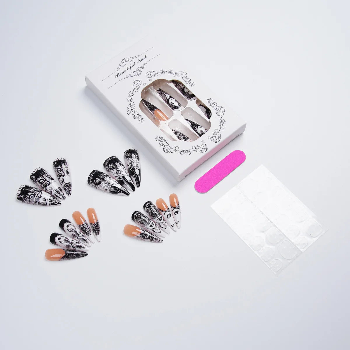 24pcs Horror Manga Press on Nails Halloween Face Eye Swirl Thorn Cat Fake Nail Gothic Spooky Long Stiletto False Nail for Women