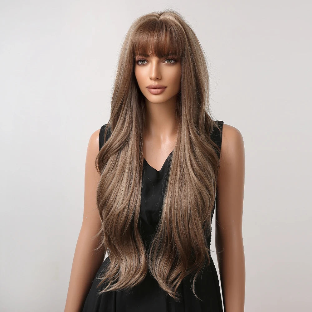 HAIRCUBE Brown Mixed Blonde Synthetic Wigs with Bang Long Natural Wavy Hair Wig for Women Daily Cosplay Use Heat Resistant