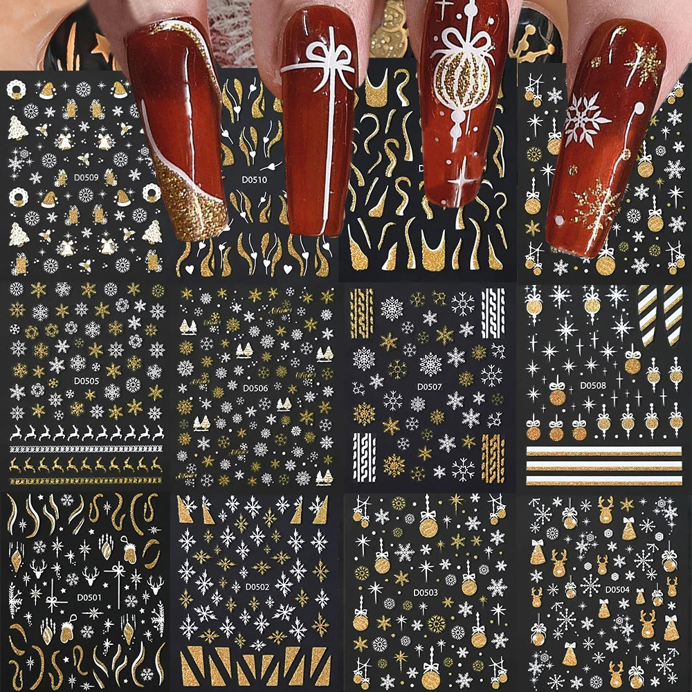 12Pcs Red Glitter Christmas Nail Sticker Gold Silver 3D Santa Claus/Snowflake/Elk/Snowman Winter Nail Decals Xmas Festival Decor