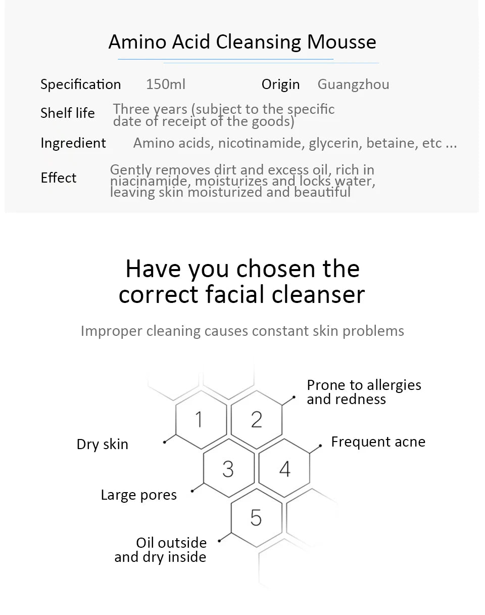 Amino Acid Cleansing Mousse Moisturizing Oil Control Deep Cleaning Mites Removal Acne Facial Cleanser Foam Skin Brightening