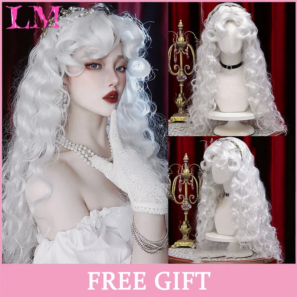 LM Light Blonde Wave Hair Wig Synthetic Long Wavy Wigs with Bangs for Women Cosplay Natural High Temperature Fiber