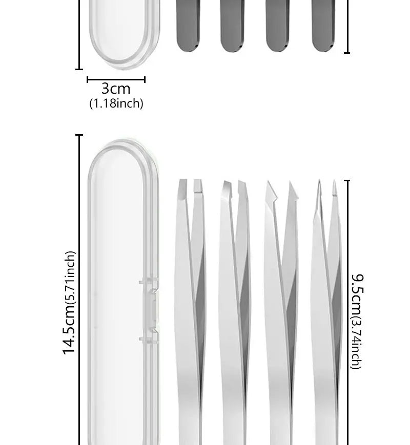4Pcs Face Hair Removal Eyebrow Tweezers Pincet Clips Stainless Steel Lash Extension Tweezers Slant and Flat Point Beauty Tools