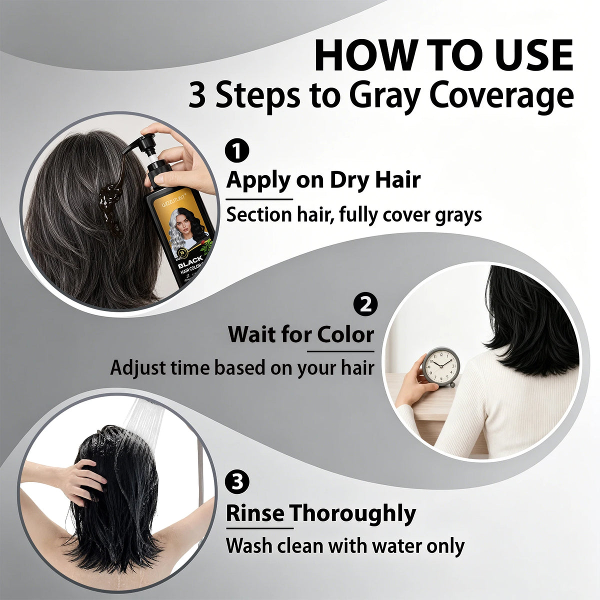 Black Hair Color Gel, 15-Minute Gray Coverage Brush-On Pump for Men and Women, Plant-Extract Blend 6.8 FL oz