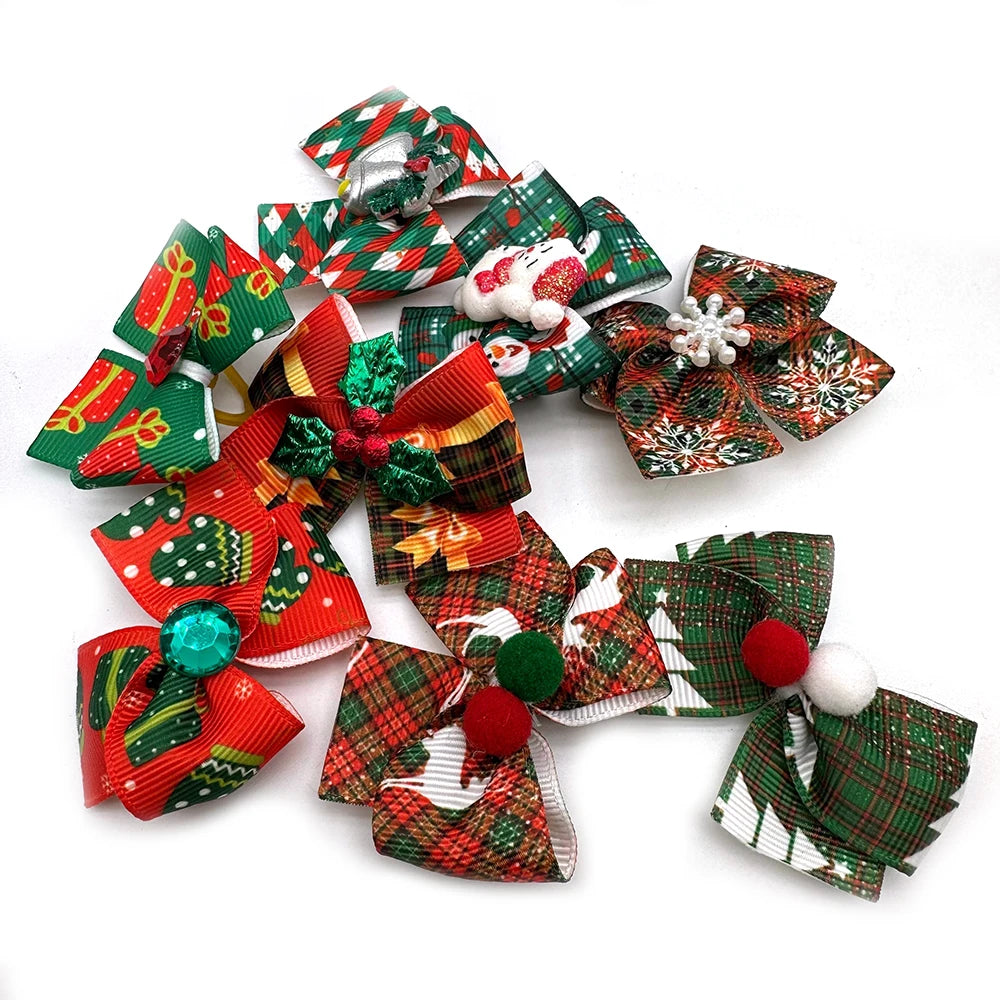 50pcs Christmas Small Dog Grooming Bows Xmas Style Pet Puppy Hair Bows Rubber Bands Dog Hair Accessories Pet Supplies for Dogs