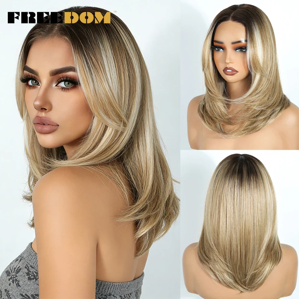FREEDOM Synthetic Lace Front Wigs For Women Straight Bob Layered Wigs 13X3 Pre Plucked 16" Ombre Blonde Highlight Daily Use Wig