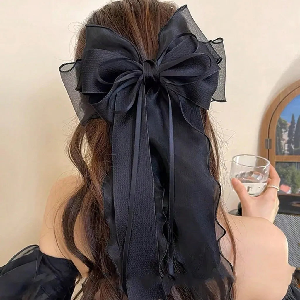 1Pcs Cute Lace Hair Bow Clip Coquette Bow Barrettes with Long Tail Ribbon for Women Christmas Valentines Wedding Accessories