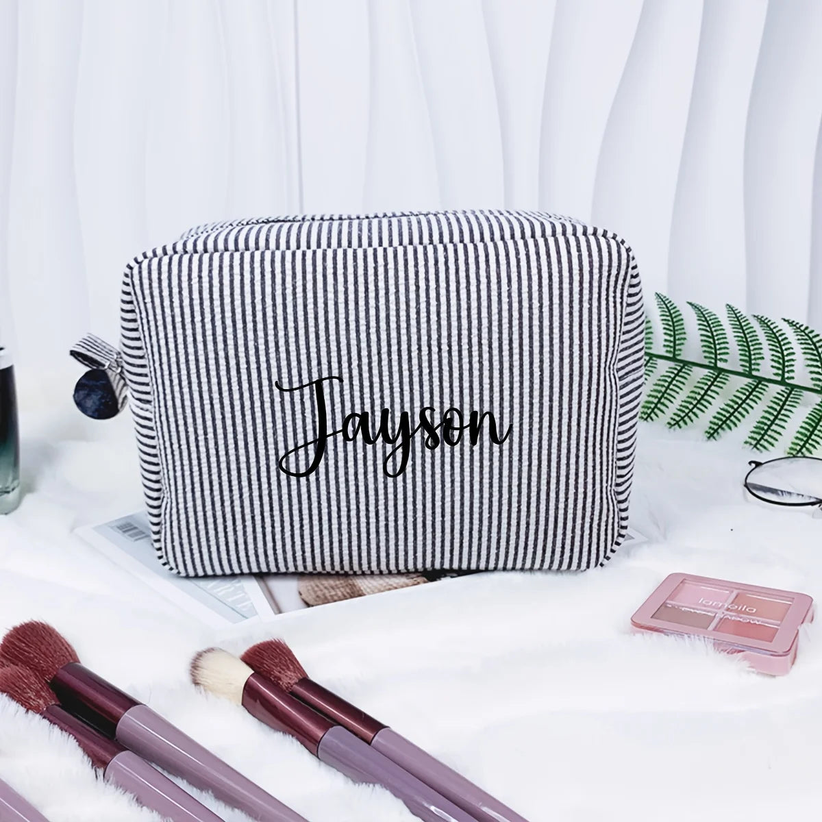 Custom Name Embroidered Makeup Bag Striped Cosmetic Pouch Travel Toiletry Organizer Large Capacity Zipper Pencil Case Gift Women