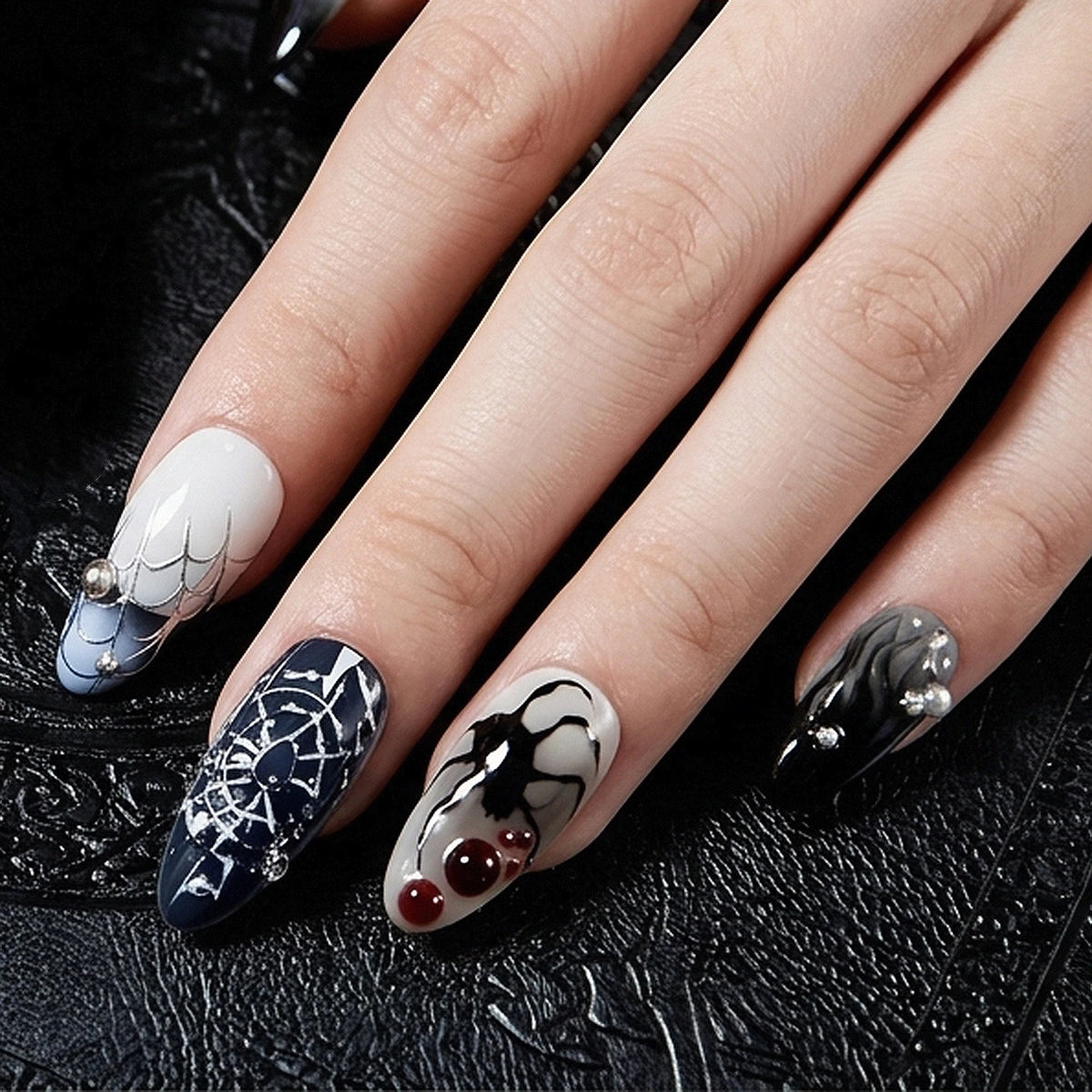 24pcs 3D Silver Spider Web Press On Nails Halloween French Style Stacking Diamond False Nails Dark Almond DIY Party Fake Nail
