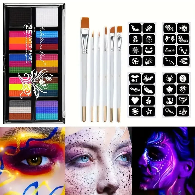 26 Colors Body Paint Set with Brushes and Stickers Water-Soluble UV Luminous Face Body Paint Art for Stage Performances Makeup