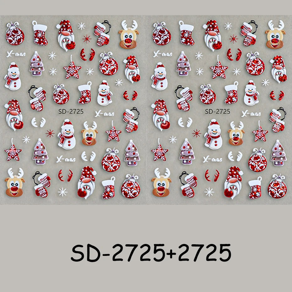 2 pcs Christmas Series Nail Stickers Cartoon Santa Claus Snowman Deer Bear Penguin Nail Decals Winter Xmas Holiday Nail Supplies