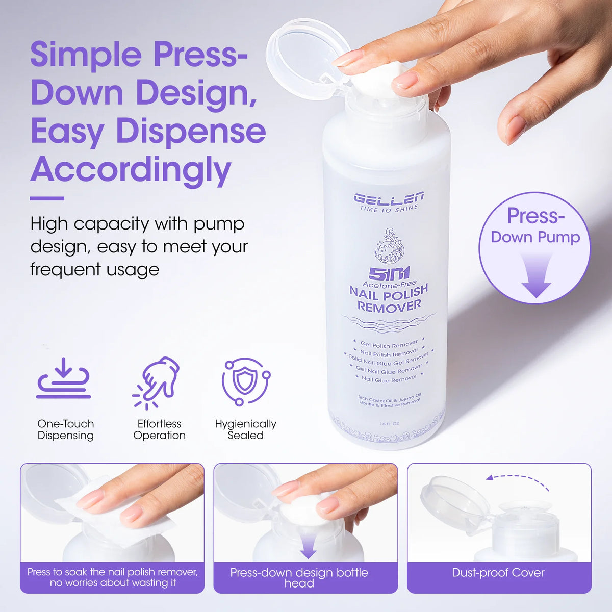 GELLEN Nail Polish Remover 16 Fl Oz Non Acetone Pump Bottle Gel Nail Soak Off Remover Kit Vegan Cruelty Free Gentle Nail Care