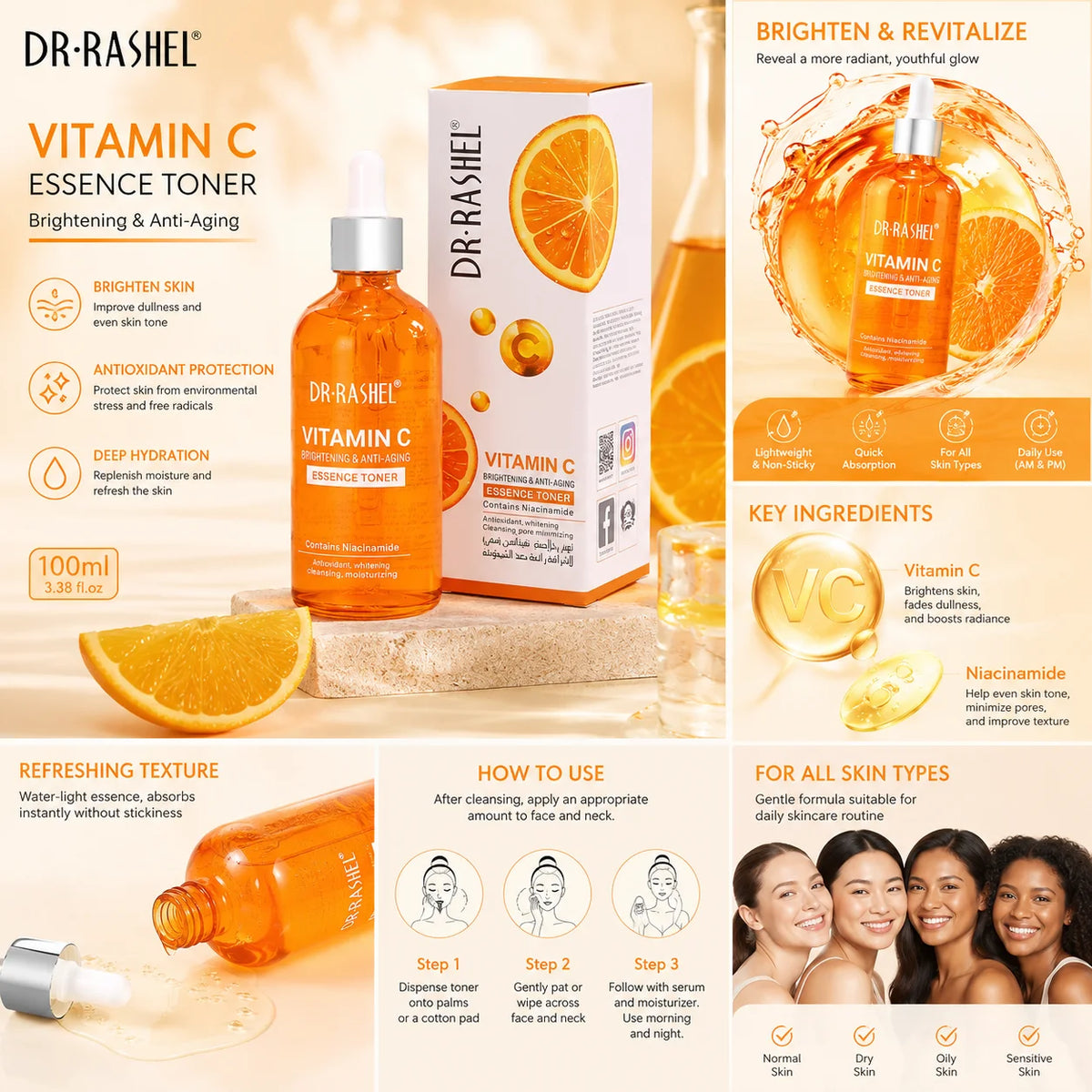DR.Rashel Vitamin C Toner Smooth Revitalize Skin Brightening Moisturizing  100G