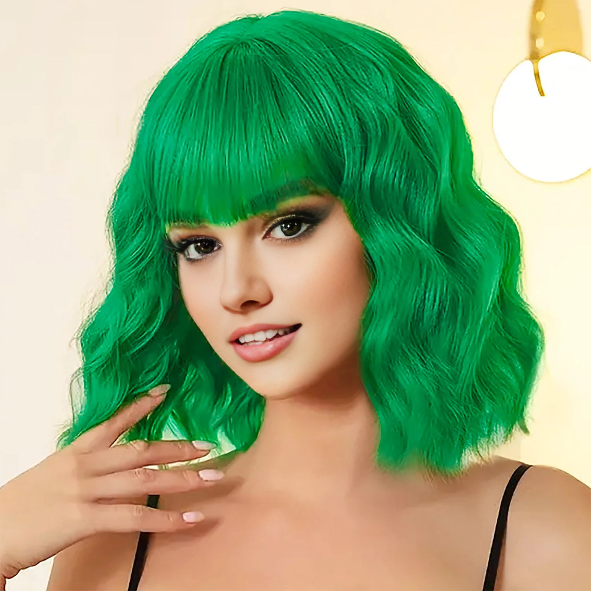 14inch Short Wavy Bob Synthetic Wig with Air Bangs Heat Resistance Shoulder Length Curled Wigs for Daily Use Cosplay for Women