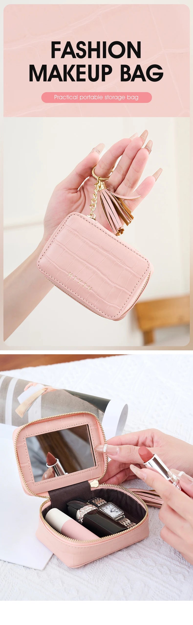 Mini Lipstick Makeup Bag Multifunctional Portable Travel Organizer Crocodile-Patterned PU Leather Womens Toiletry Bag Coin Purse
