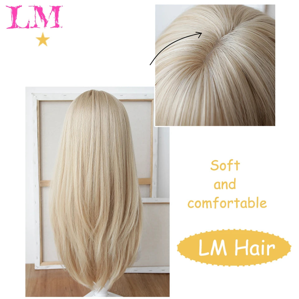 LM Light Blonde Wave Hair Wig Synthetic Long Wavy Wigs with Bangs for Women Cosplay Natural High Temperature Fiber
