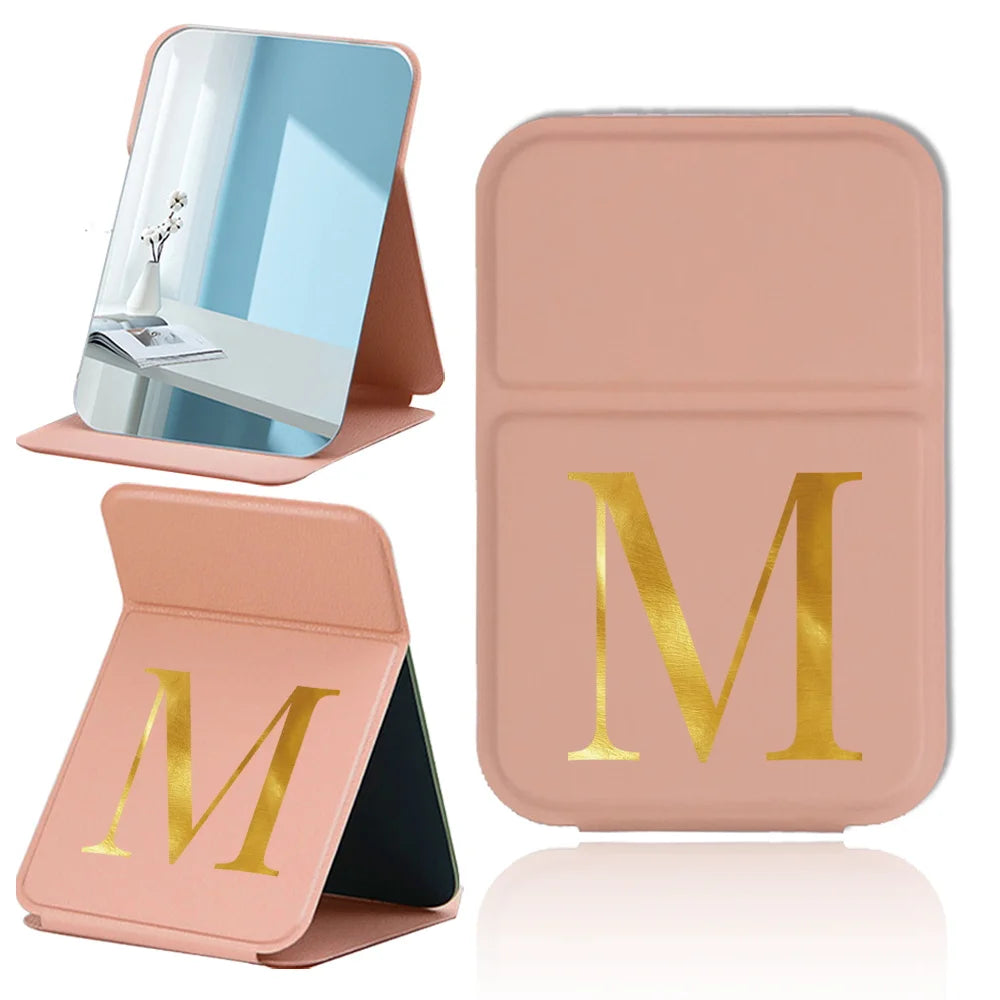 Personalized Pu Vanity Mirror Portable Handheld Makeup Mirror Folding Desktop Makeup Mirror Pocket Cosmetic Tool Letter Pattern
