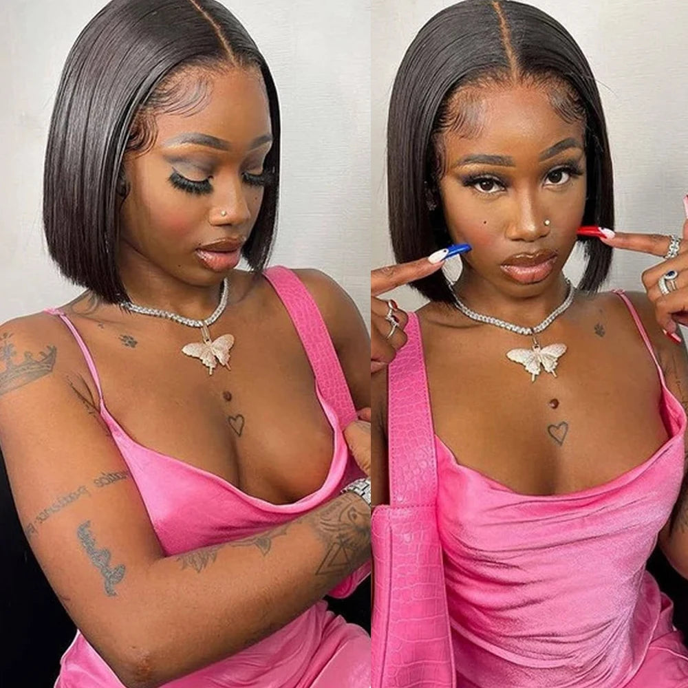 Wear and Go Glueless Bob Wig Human Hair Pre Plucked Pre Cut 215% Density 5x5 HD Transparent Lace Front Wigs Human Hair for Black Women Short Straight Bob Wigs No Glue Lace Closure Wigs for Beginners 10 Inch